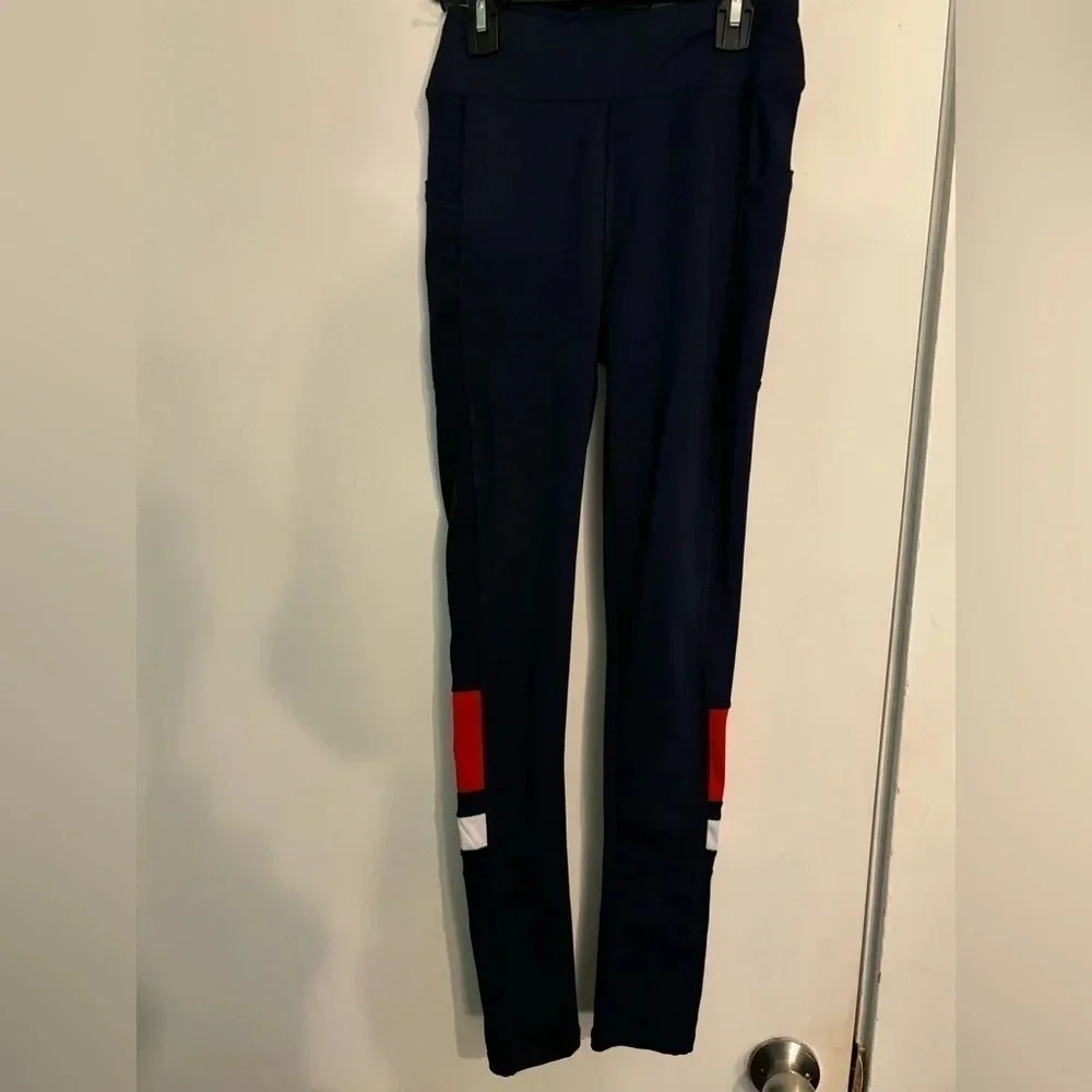 NWT Lydaa Womens Leggings‎ Small/Medium Navy Red White Full Length Side Pockets